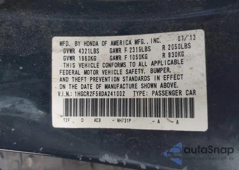 2013 Honda Accord Sport from USA, damaged, VIN 1HGCR2F58DA241002